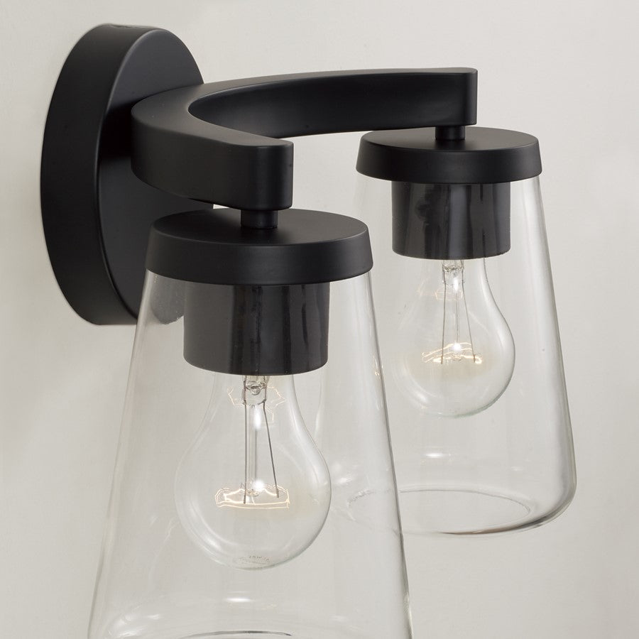Homeplace Lighting Aaron 2 Light Vanity, Matte Black/Clear Glass