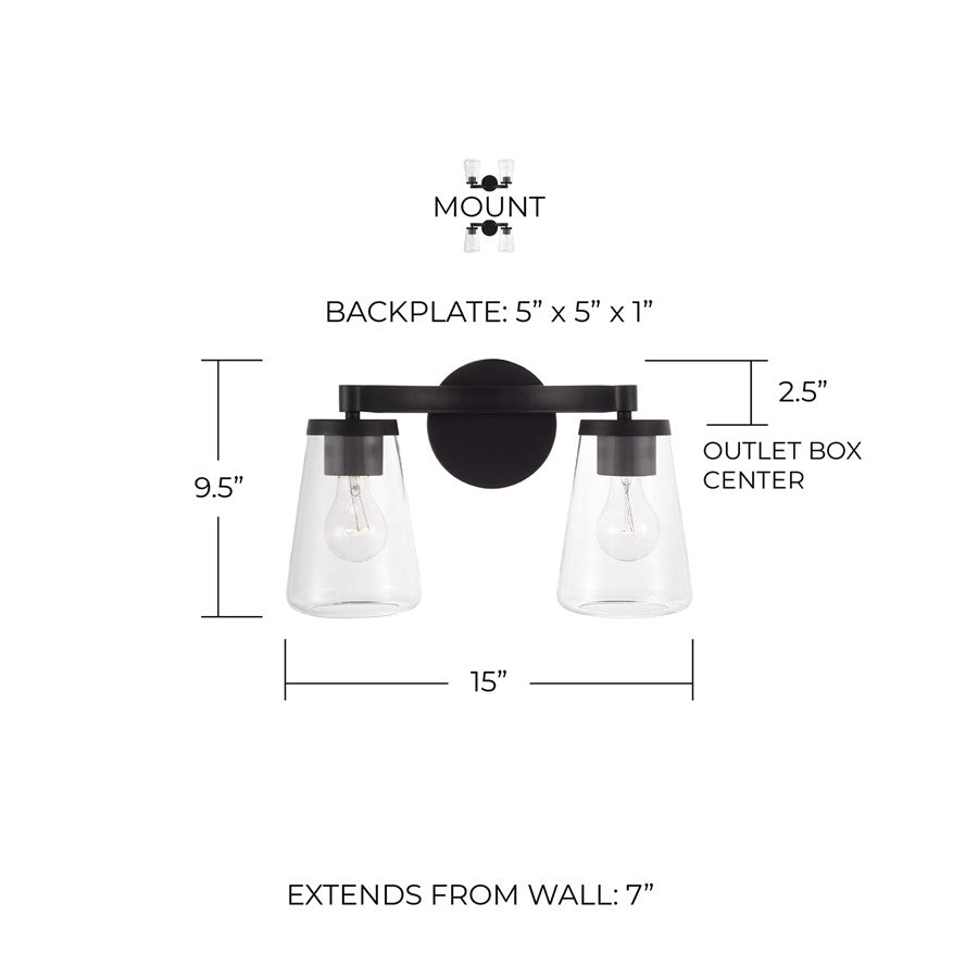 Homeplace Lighting Aaron 2 Light Vanity, Matte Black/Clear Glass