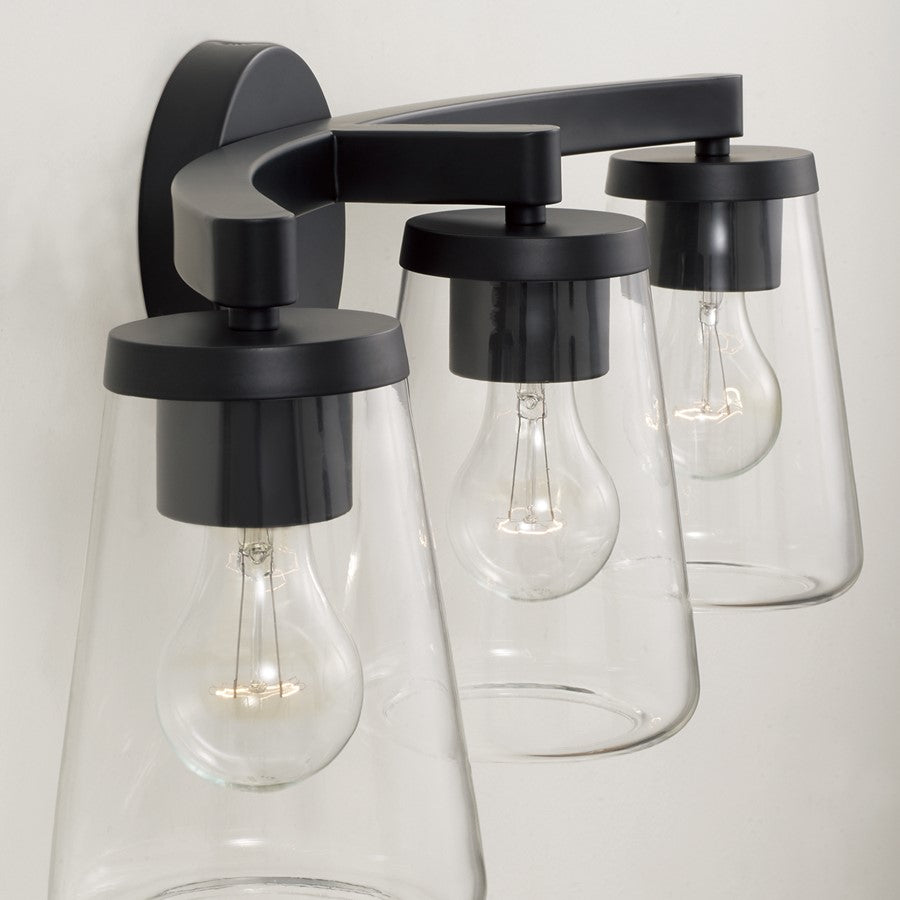 Homeplace Lighting Aaron 3 Light Vanity, Matte Black/Clear Glass
