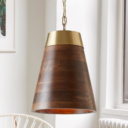 1 Light Pendant, Medium Wood and Matte Brass