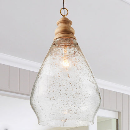 1 Light Teardrop Pendant, Wood & Patinaed Brass
