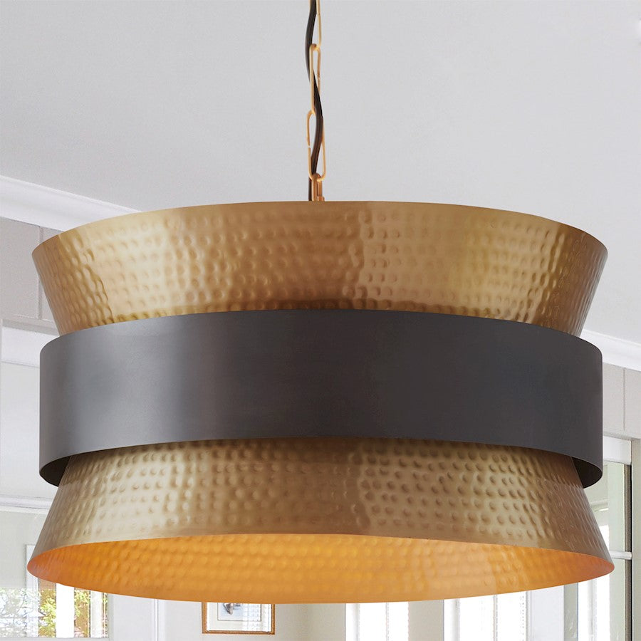 4 Light Pendant, Patinaed Brass and Dark Zinc