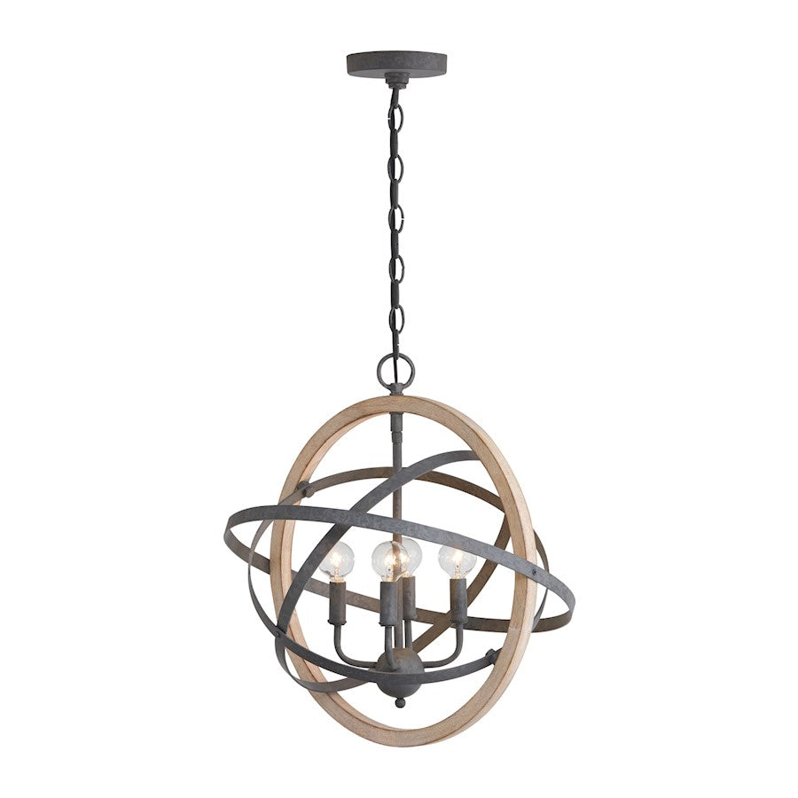 4 Light Pendant, Iron and Wood