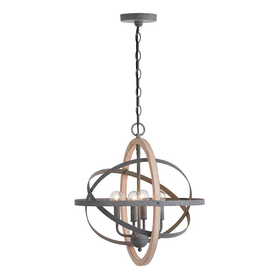 4 Light Pendant, Iron and Wood