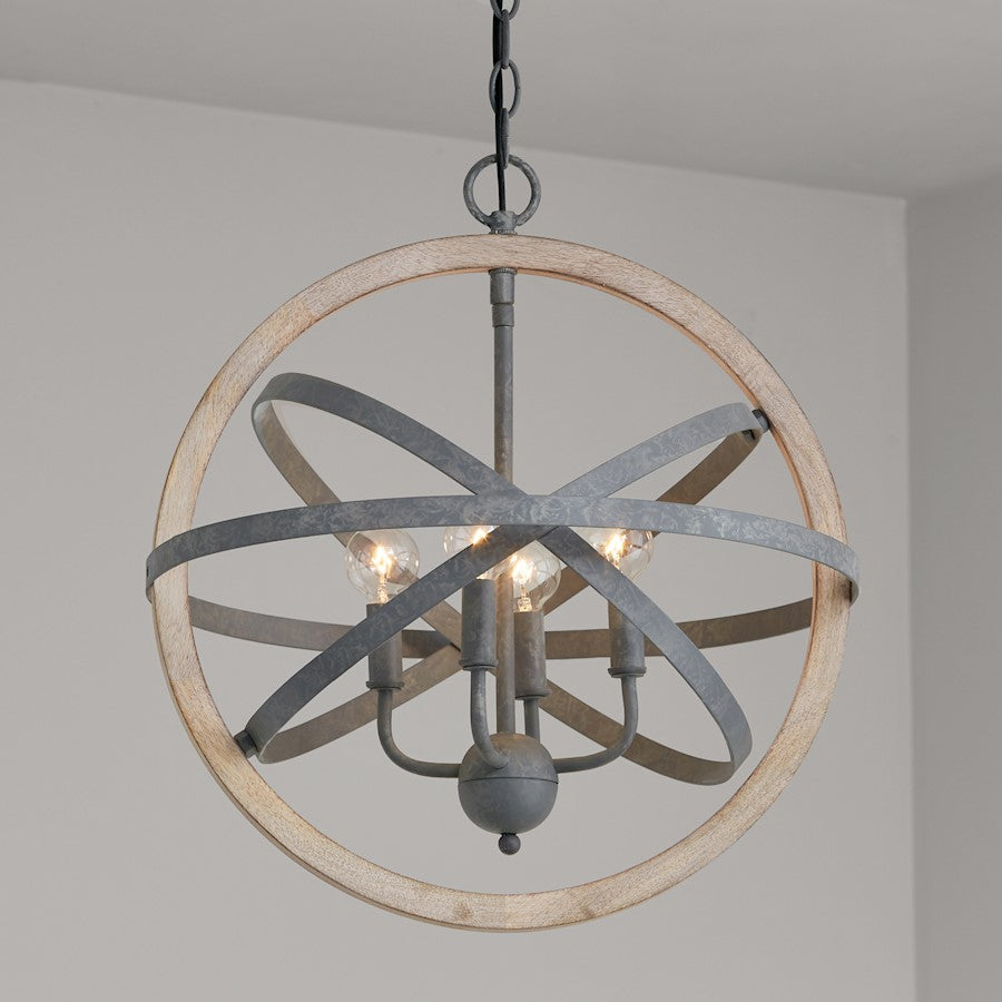 4 Light Pendant, Iron and Wood