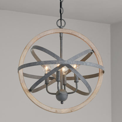 4 Light Pendant, Iron and Wood