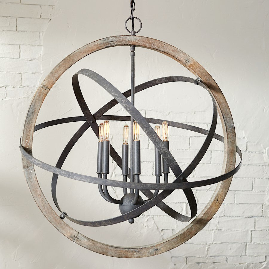 6 Light Pendant, Iron and Wood