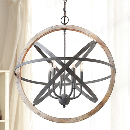 6 Light Pendant, Iron and Wood