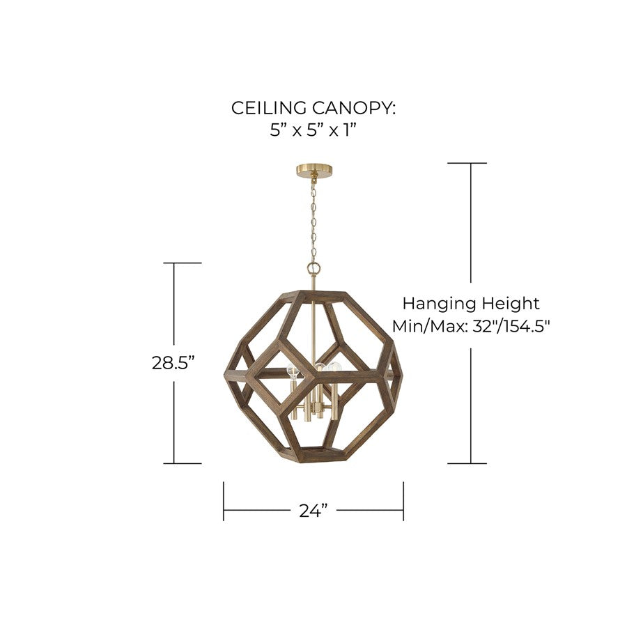 Capital Lighting Geo 4 Light Pendant, Nordic Wood and Matte Brass