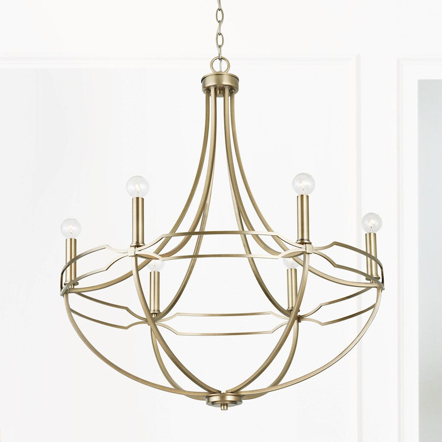 6 Light Chandelier, Aged Brass