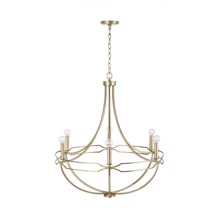 6 Light Chandelier, Aged Brass