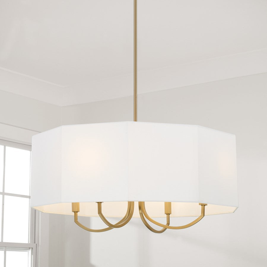 Capital Lighting Adrian 4 Light Chandelier, Aged Brass/White Fabric