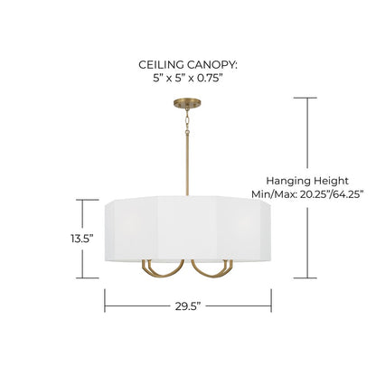 Capital Lighting Adrian 4 Light Chandelier, Aged Brass/White Fabric
