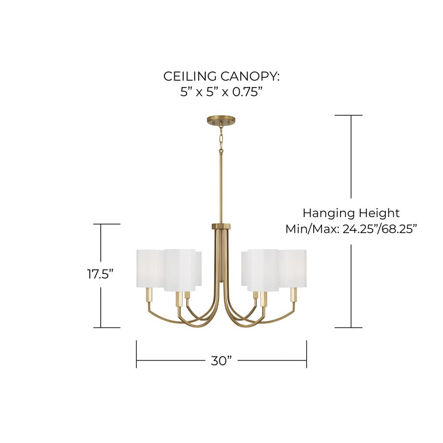 Capital Lighting Adrian 6Lt Chandelier, Aged Brass/White Fabric