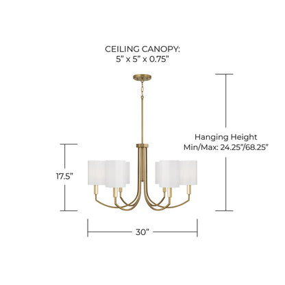 Capital Lighting Adrian 6Lt Chandelier, Aged Brass/White Fabric