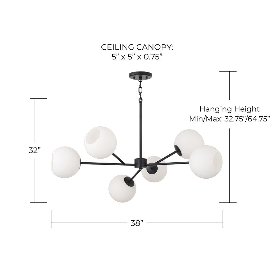 Capital Lighting Atlas 6Lt Chandelier, Black/Soft White Glass