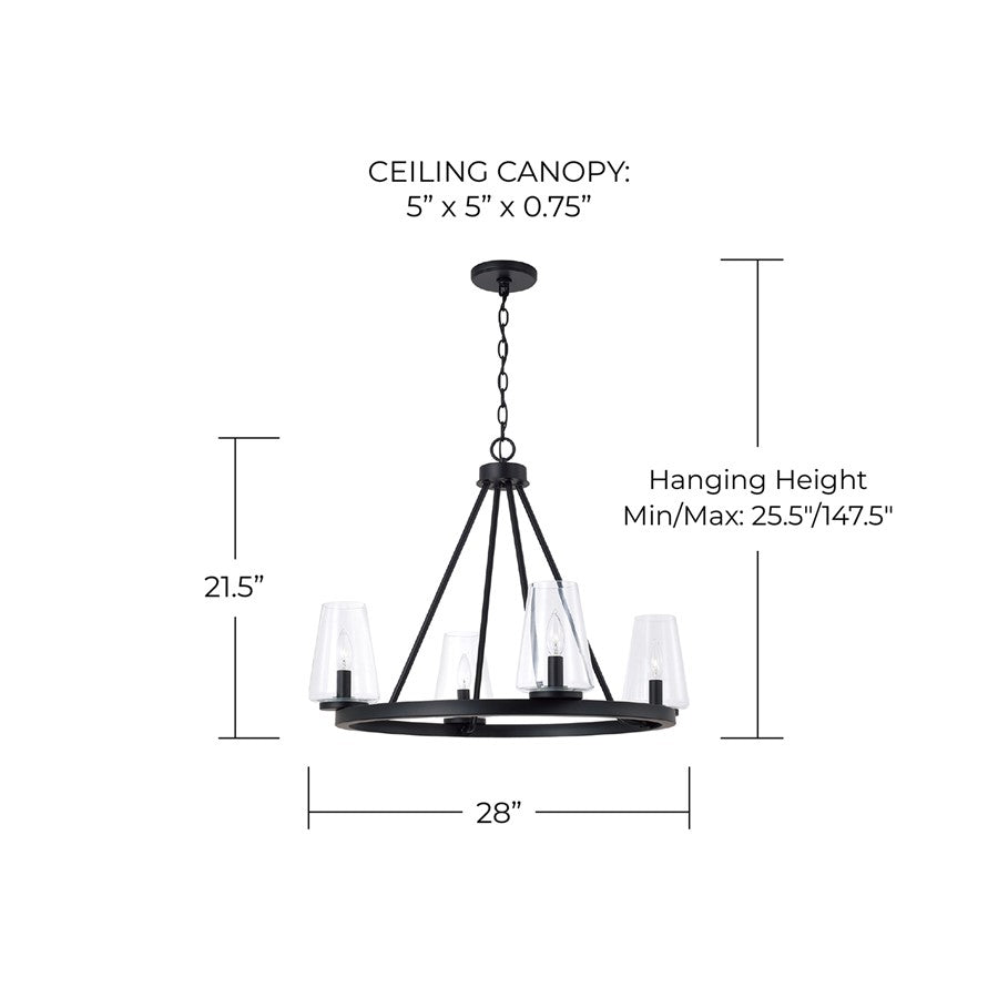 Homeplace Lighting Aaron 4Lt Chandelier, Matte Black/Clear Glass
