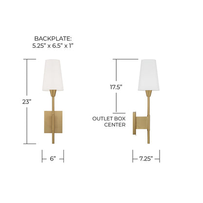Capital Lighting Leland 1 Light Sconce, Aged Brass/White Fabric