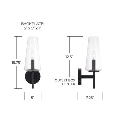Homeplace Lighting Aaron 1 Light Sconce, Matte Black/Clear Glass