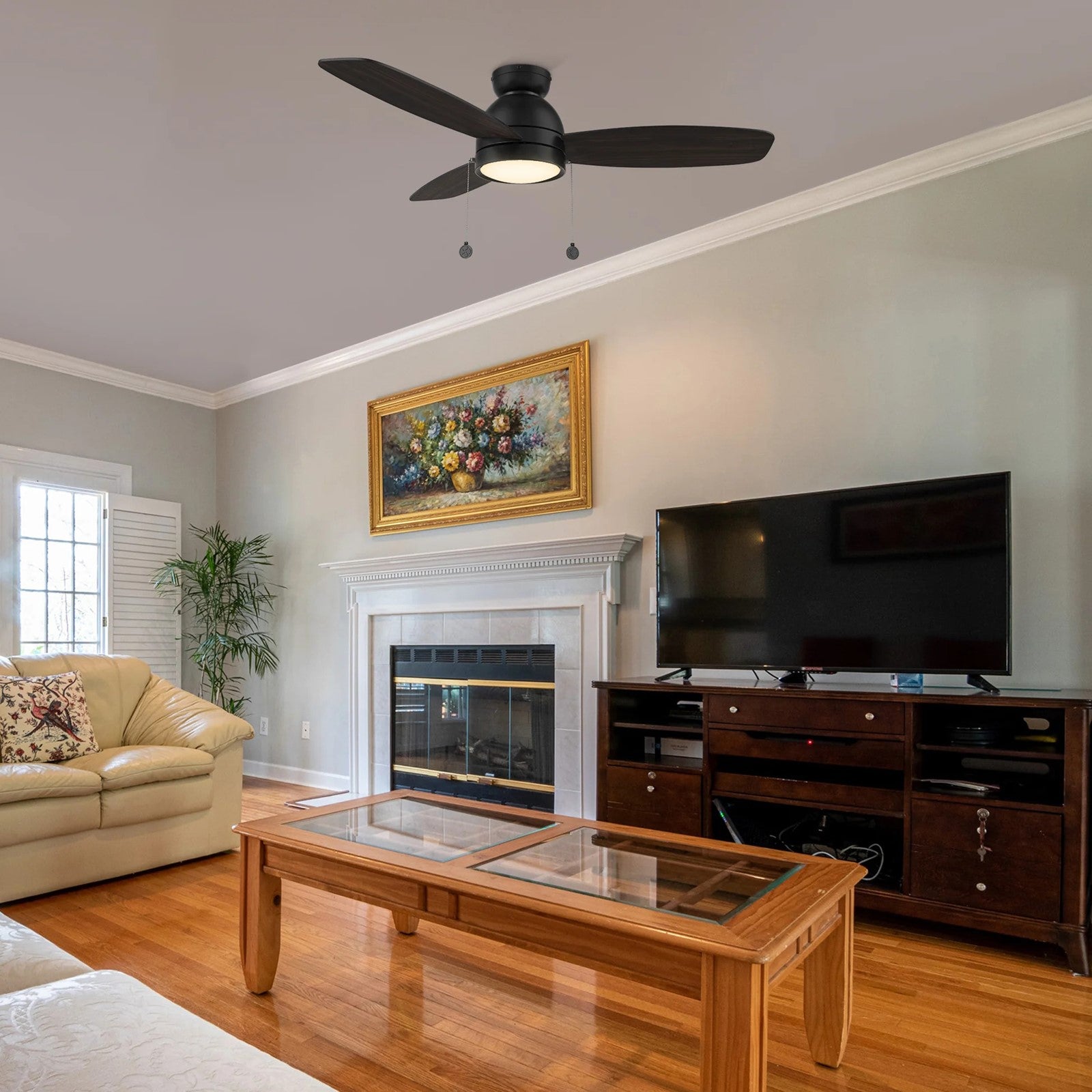 Carro Greenwood 48in 3-Blade Flush Mount Ceiling Fan | Black Gold Barnwood Plywood Blades and Integrated LED | Living Room & | Model CFP483Q5-L11-BG-1-FMA