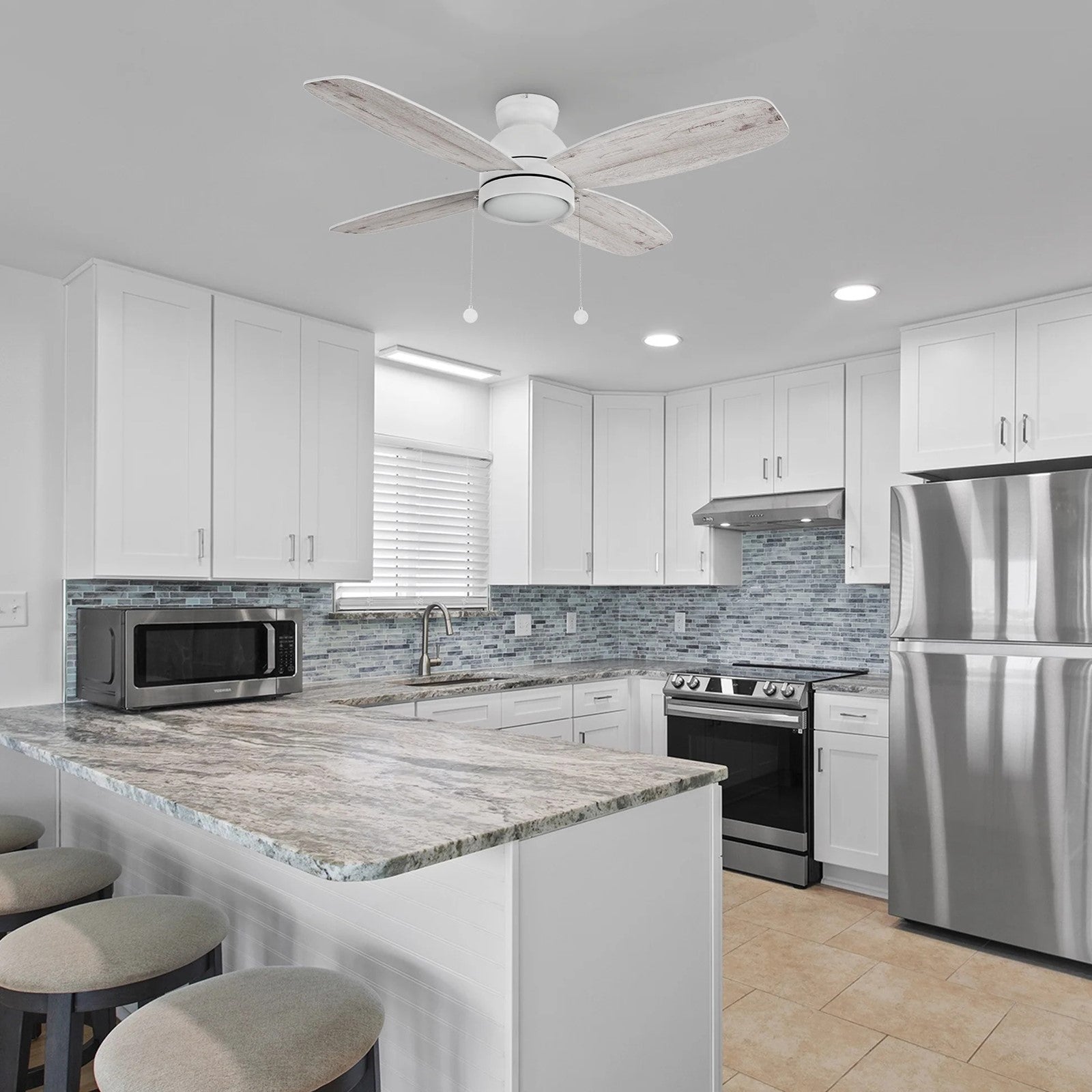 Carro Greenwood 48in 4-Blade Flush Mount Ceiling Fan | White Plywood Blades and Integrated LED | Living Room & Bedroom | 48 x | Model CFP484Q5-L11-WP-1-FM