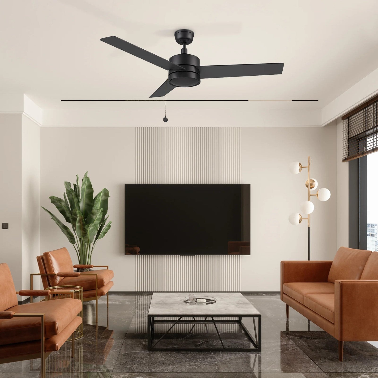 Carro Ascott 52in 3-Blade Ceiling Fan | Modern Black Plywood and Pull Chain Control | Living Room & Bedroom | 15.1 x 52 x 52 in | Model CFP523E5-N10-B2-1