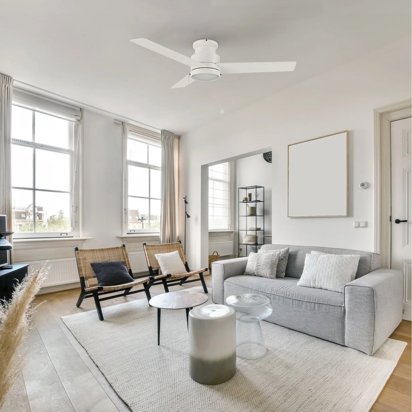 Carro Ascott 52in 3-Blade Flush Mount Ceiling Fan | Modern White Plywood Blades | Indoor Living Room & Bedroom | 52 x 52 x 11 | Model CFP523E5-N10-W1-1-FM