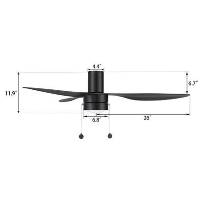 Carro Haven 52in 3-Blade LED Flush Mount Ceiling Fan | Black ABS Blades and Integrated 3500K LED | Large Living Room & Family | Model CFP523N4-L11-B2-1-FM