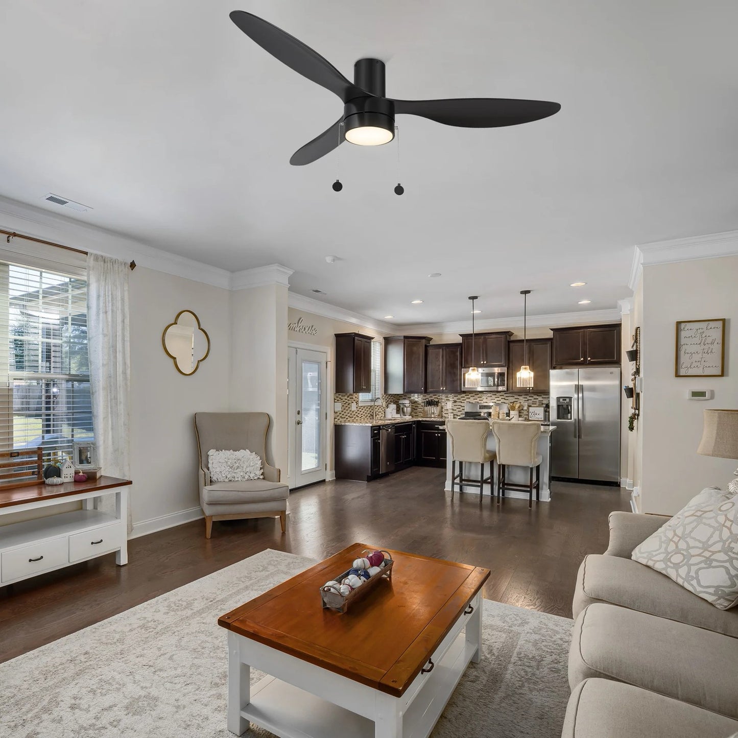 Carro Haven 52in 3-Blade LED Flush Mount Ceiling Fan | Black ABS Blades and Integrated 3500K LED | Large Living Room & Family | Model CFP523N4-L11-B2-1-FM