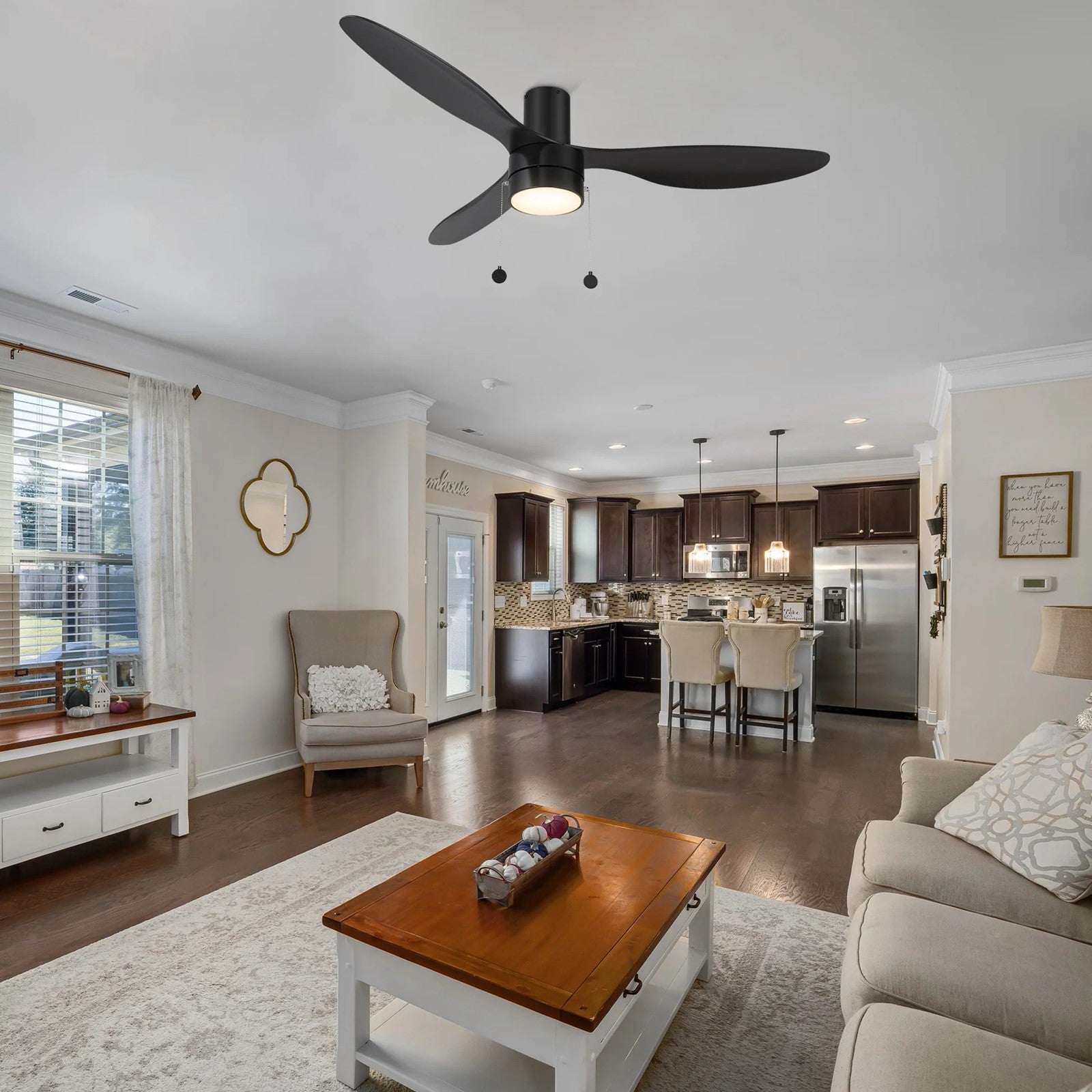 Carro Haven 52in 3-Blade LED Flush Mount Ceiling Fan | Black ABS Blades and Integrated 3500K LED | Large Living Room & Family | Model CFP523N4-L11-B2-1-FM