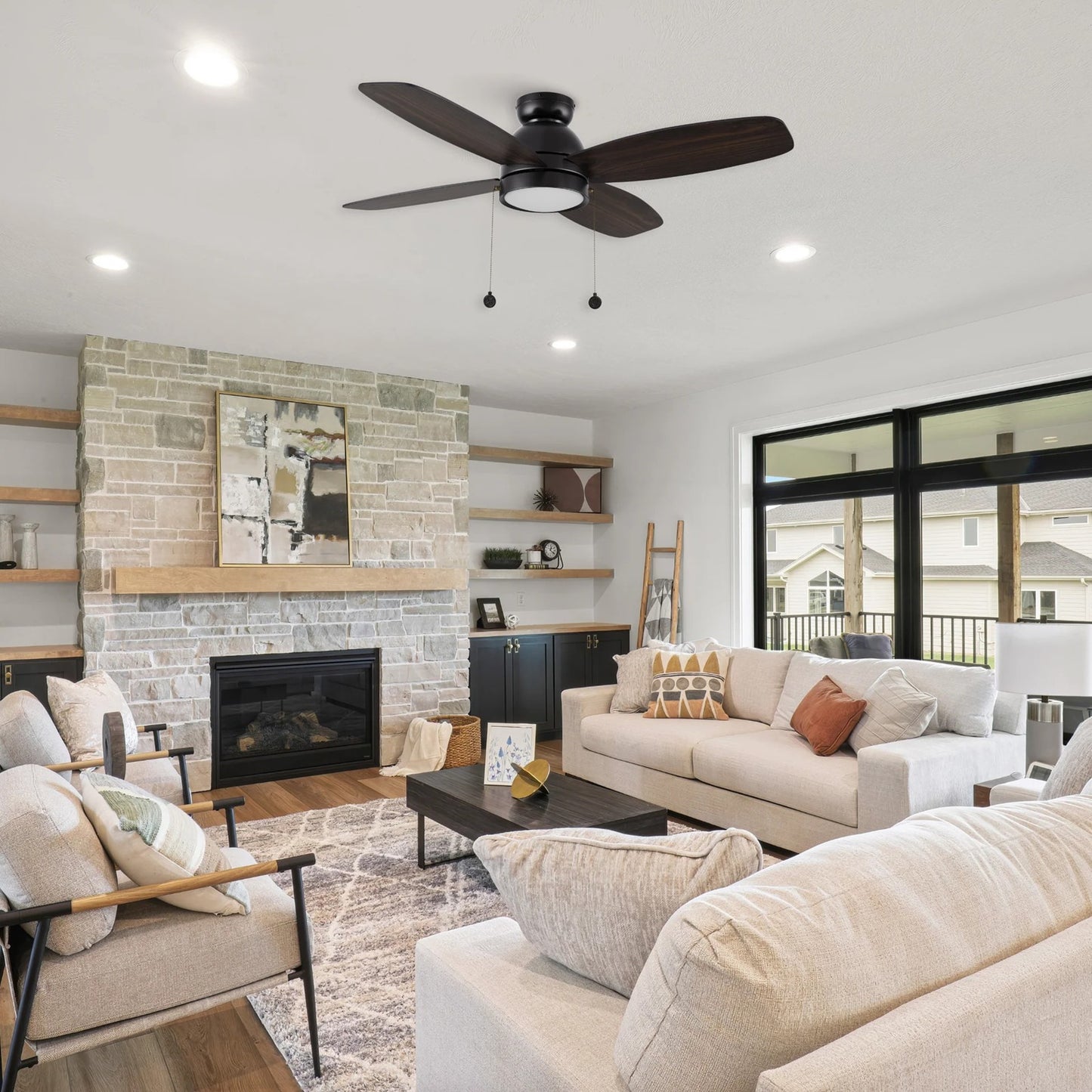 Carro Greenwood 52in 4-Blade Flush Mount Ceiling Fan | Black Plywood Blades and Integrated 3500K LED | Low Ceiling & Bedroom | Model CFP524Q5-L11-BG-1-FM