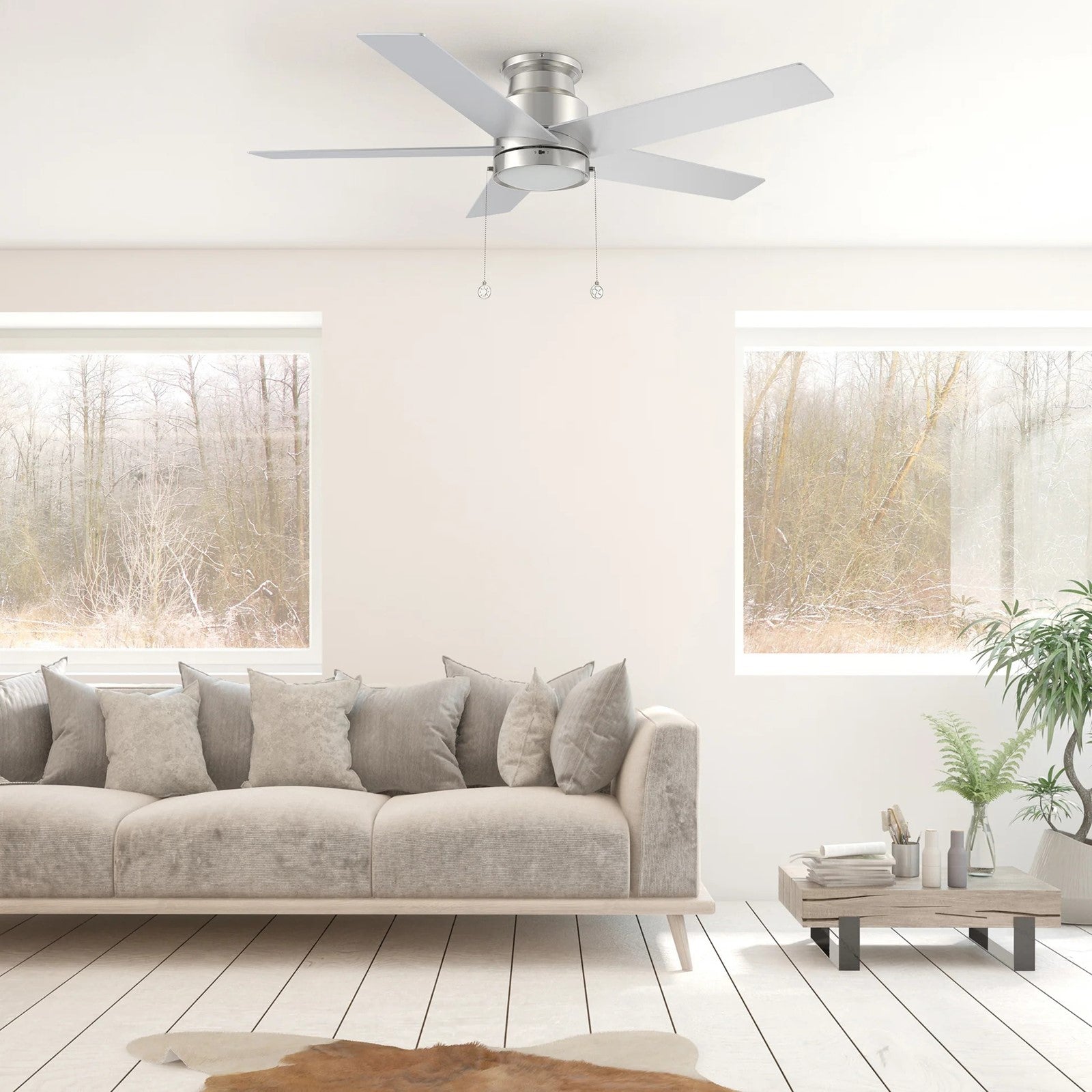 Carro Ascott 52in Flush Mount Ceiling Fan | Modern Brushed Nickel Finish and Plywood Blades | Living Room & Bedroom | 52 x 52 | Model CFP525E5-L11-SJ-1-FM