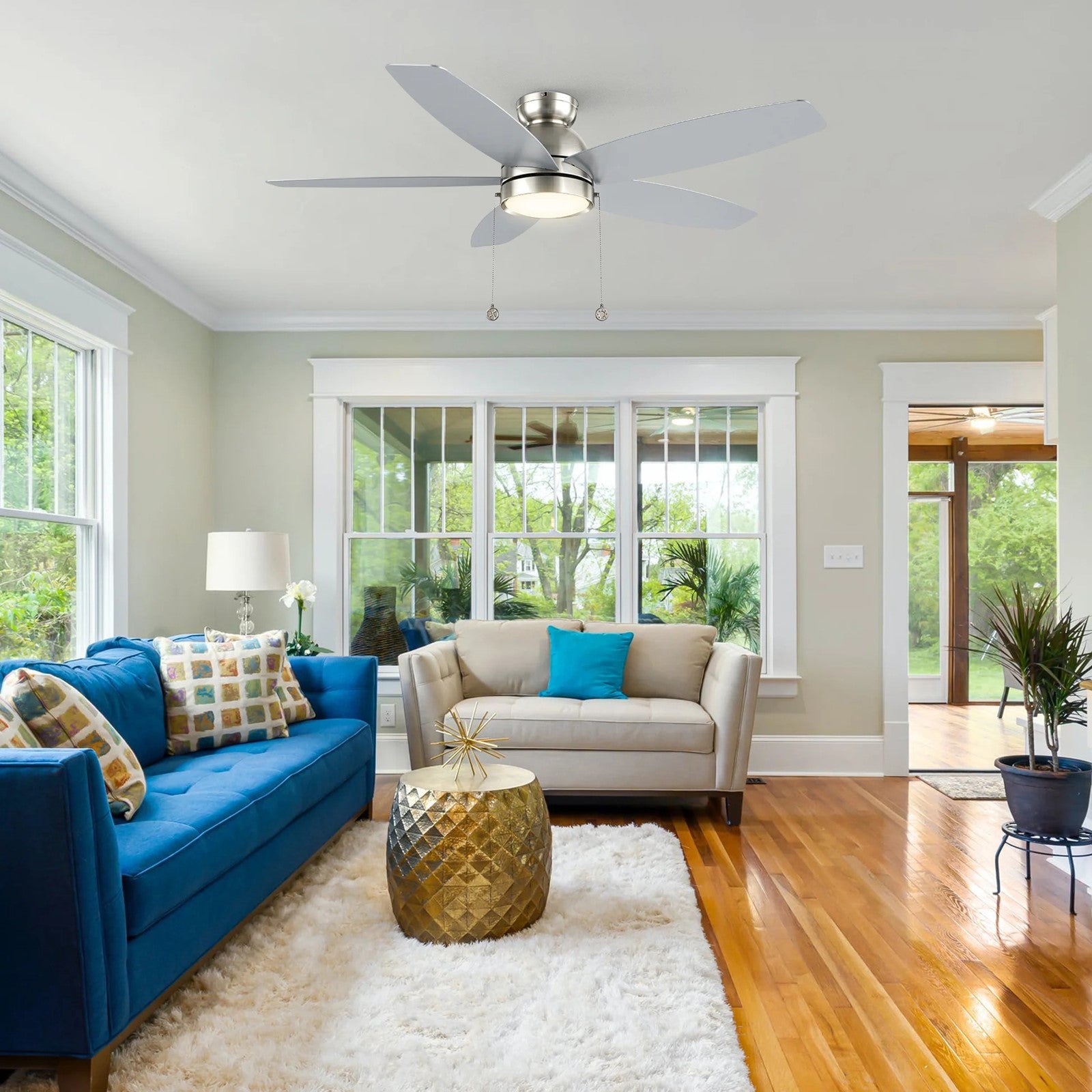 Carro Greenwood 52in Flush Mount 5-Blade Ceiling Fan | Brushed Nickel Plywood Blades and Integrated 3500K LED | Low Ceiling | Model CFP525Q5-L11-SJ-1-FM