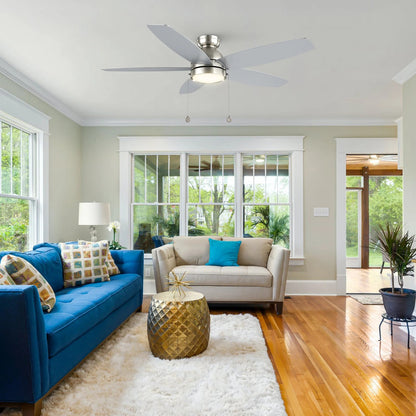 Carro Greenwood 52in Flush Mount 5-Blade Ceiling Fan | Brushed Nickel Plywood Blades and Integrated 3500K LED | Low Ceiling | Model CFP525Q5-L11-SJ-1-FM