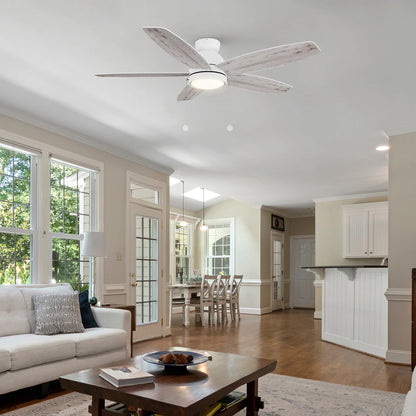 Carro Greenwood 52in Flush Mount 5-Blade Ceiling Fan | White Plywood Blades and Integrated 3500K LED | Low Ceiling Living | Model CFP525Q5-L11-WP-1-FM