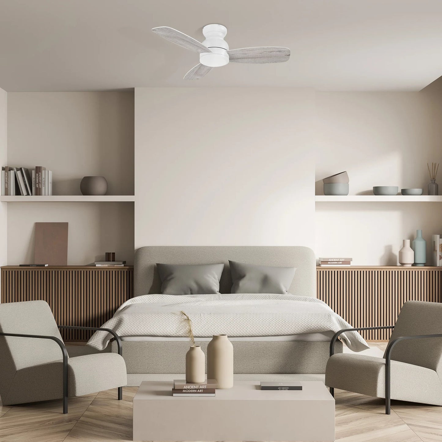 Carro Stanley 44in 3-Blade Flush Ceiling Fan | Modern White Washed Plywood | Living Room & Bedroom | 44 x 44 x 10.8 in | Model CFR443Q-N10-WP-1-FM