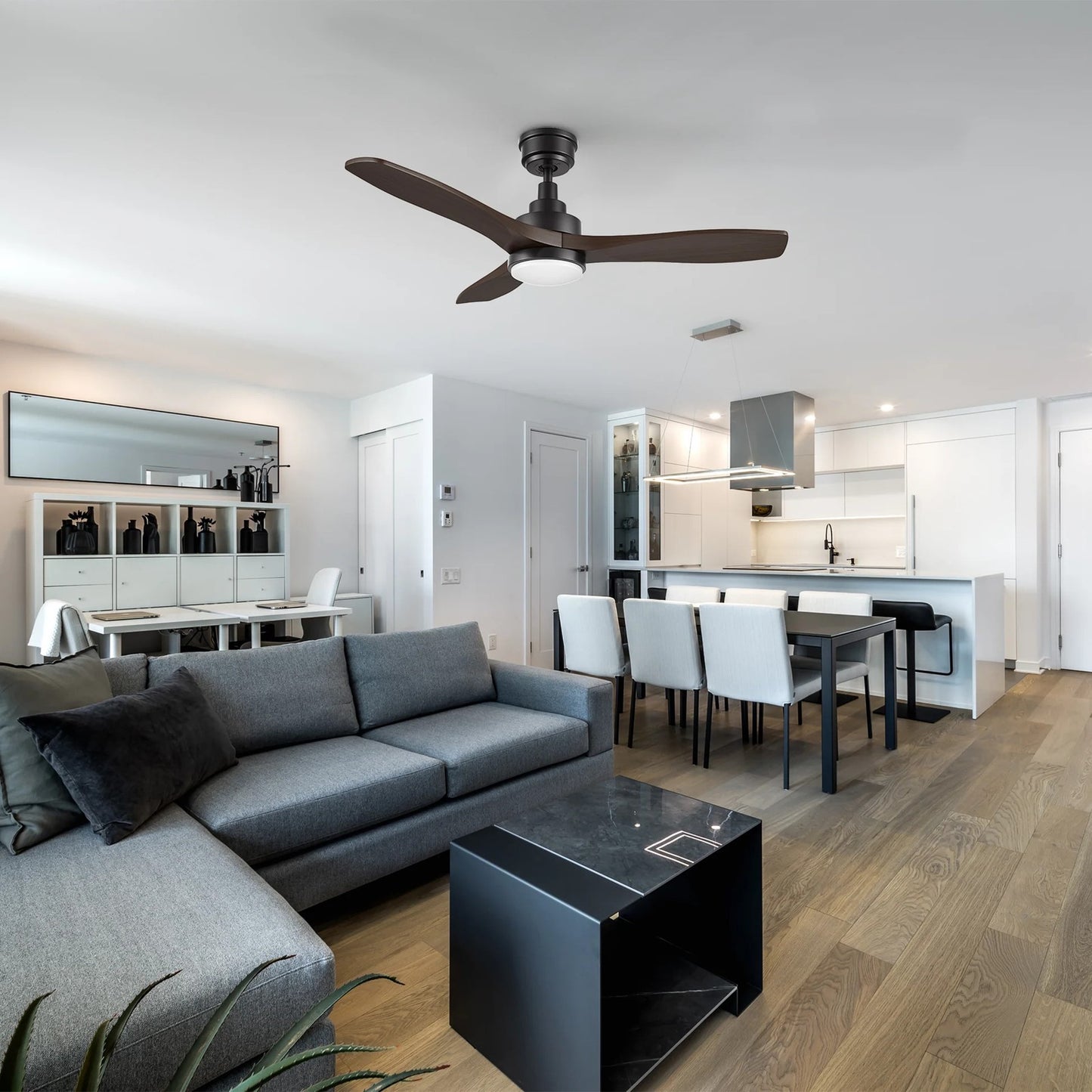 Carro Bonelli 48in 3-Blade Ceiling Fan | Modern Black Sambuca Solid Wood | Living Room & Great Room | 48 x 48 x 13.8 in | Model CFR483K7-L11-BM4-1