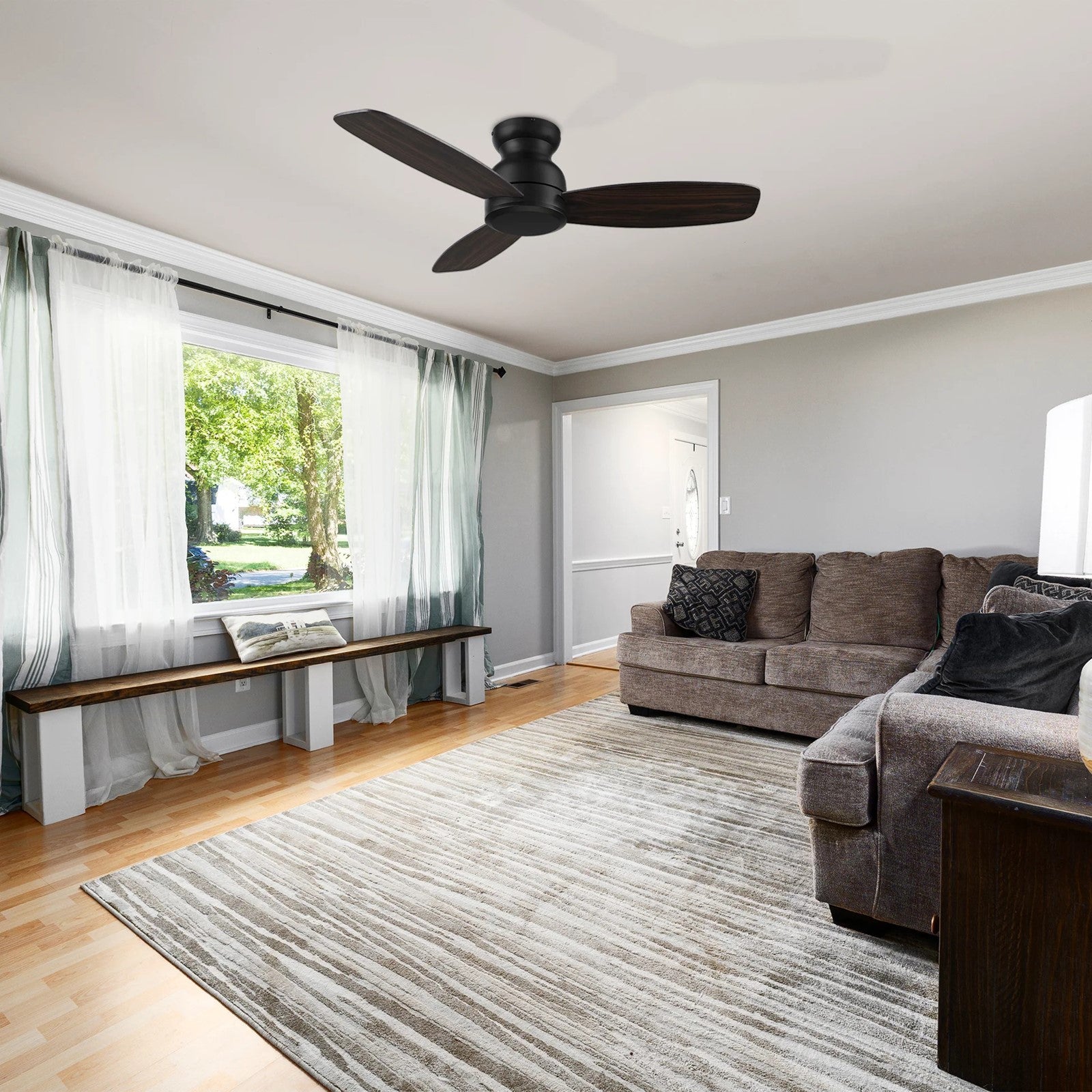 Carro Stanley 48in 3-Blade Flush Mount Ceiling Fan | Black Barnwood Plywood Blades | Low Ceiling Living Room & Bedroom | 48 x | Model CFR483Q-N10-BG-1-FM