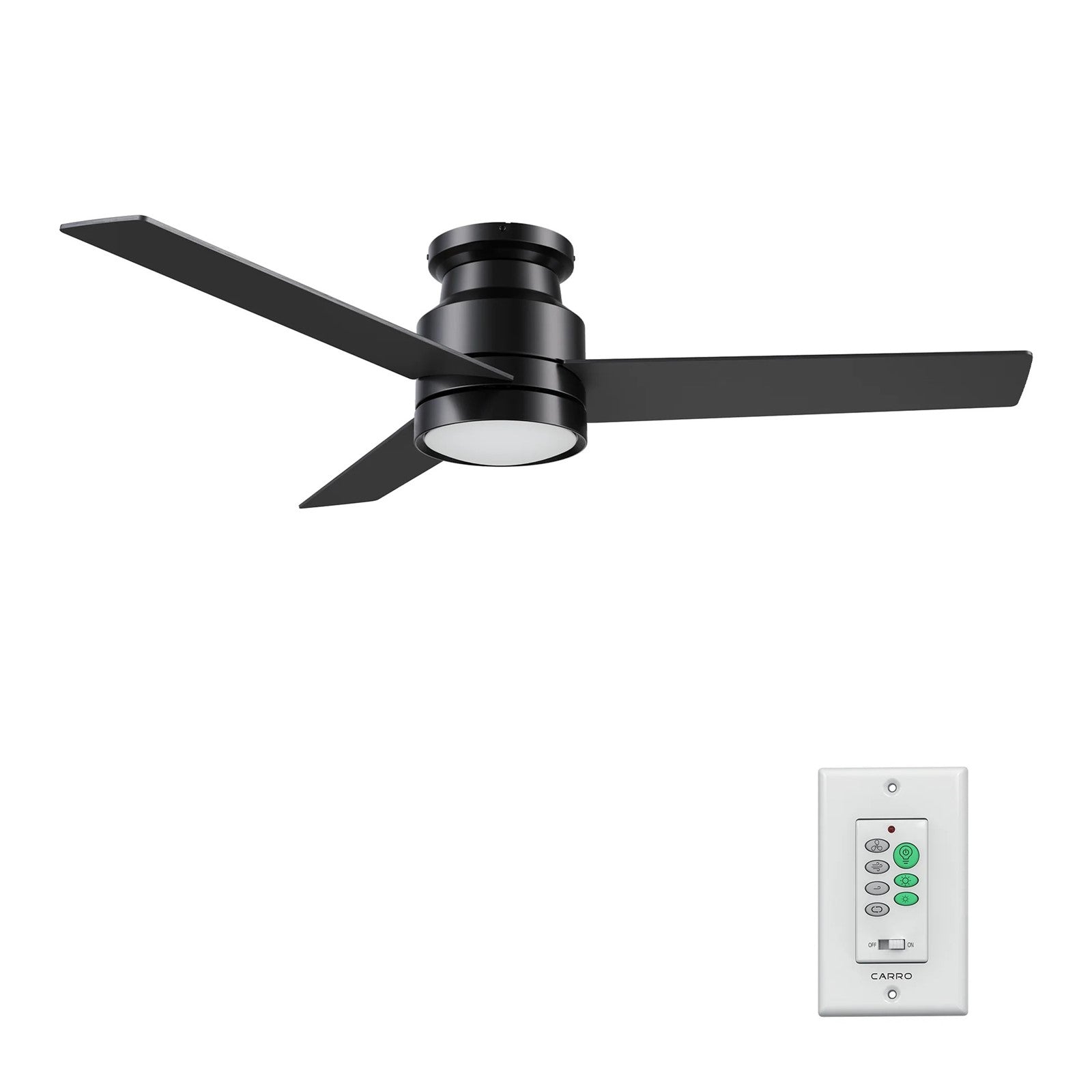 Carro Santana 52in 3-Blade Flush Mount Ceiling Fan | Black Plywood Blades with LED Light | Indoor Low Ceiling Rooms | 52 x 52 | Model CFR523E5-L12-B2-1-FM