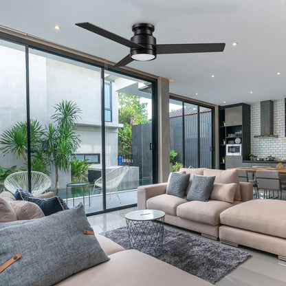 Carro Santana 52in 3-Blade Flush Mount Ceiling Fan | Black Plywood Blades with LED Light | Indoor Low Ceiling Rooms | 52 x 52 | Model CFR523E5-L12-B2-1-FM