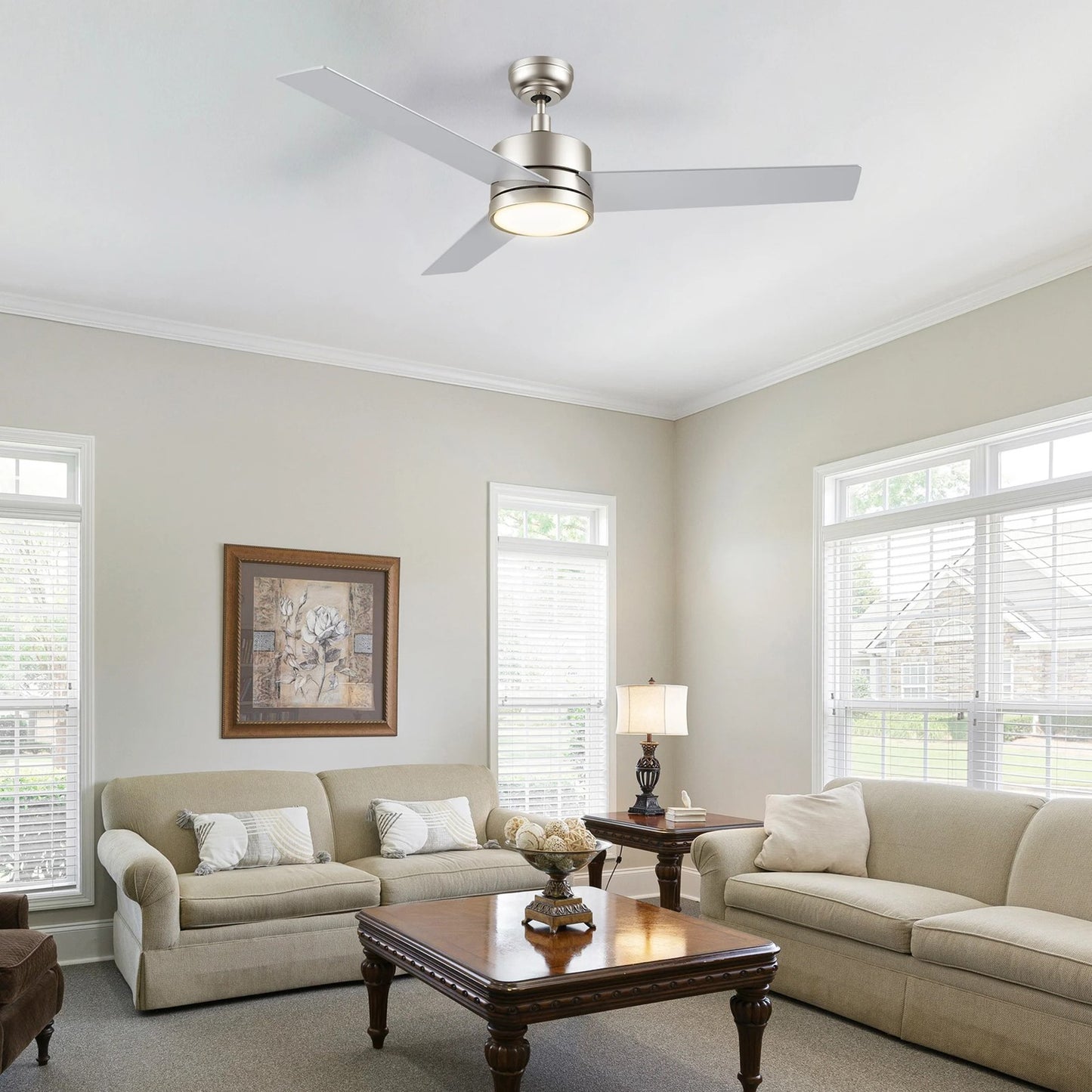 Carro Santana 52in 3-Blade Ceiling Fan | Brushed Nickel Plywood Blades with LED Light | Indoor Living Room & Bedroom | 52 x 52 x | Model CFR523E5-L12-SJ-1