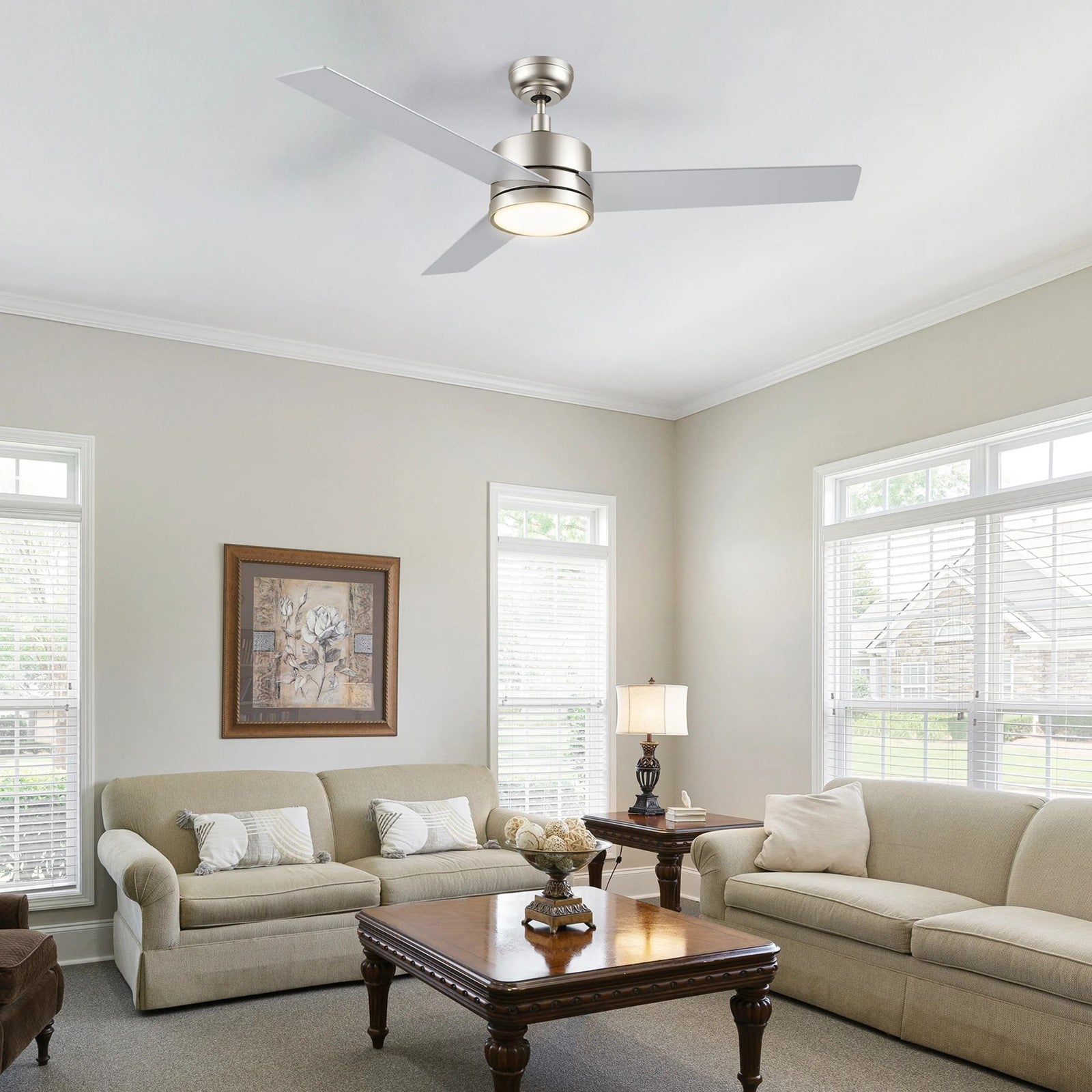 Carro Santana 52in 3-Blade Ceiling Fan | Brushed Nickel Plywood Blades with LED Light | Indoor Living Room & Bedroom | 52 x 52 x | Model CFR523E5-L12-SJ-1