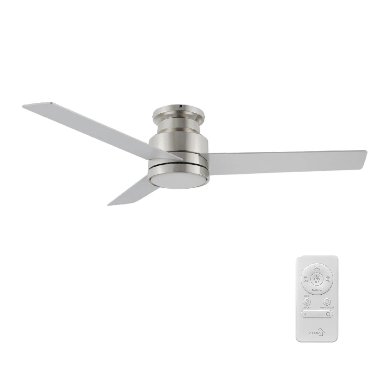 Carro Santana 52in 3-Blade Flush Ceiling Fan | Brushed Nickel Plywood Blades | Living Room & Bedroom | 52 x 52 x 11 in, DC | Model CFR523E5-L12-SJ-1-FM