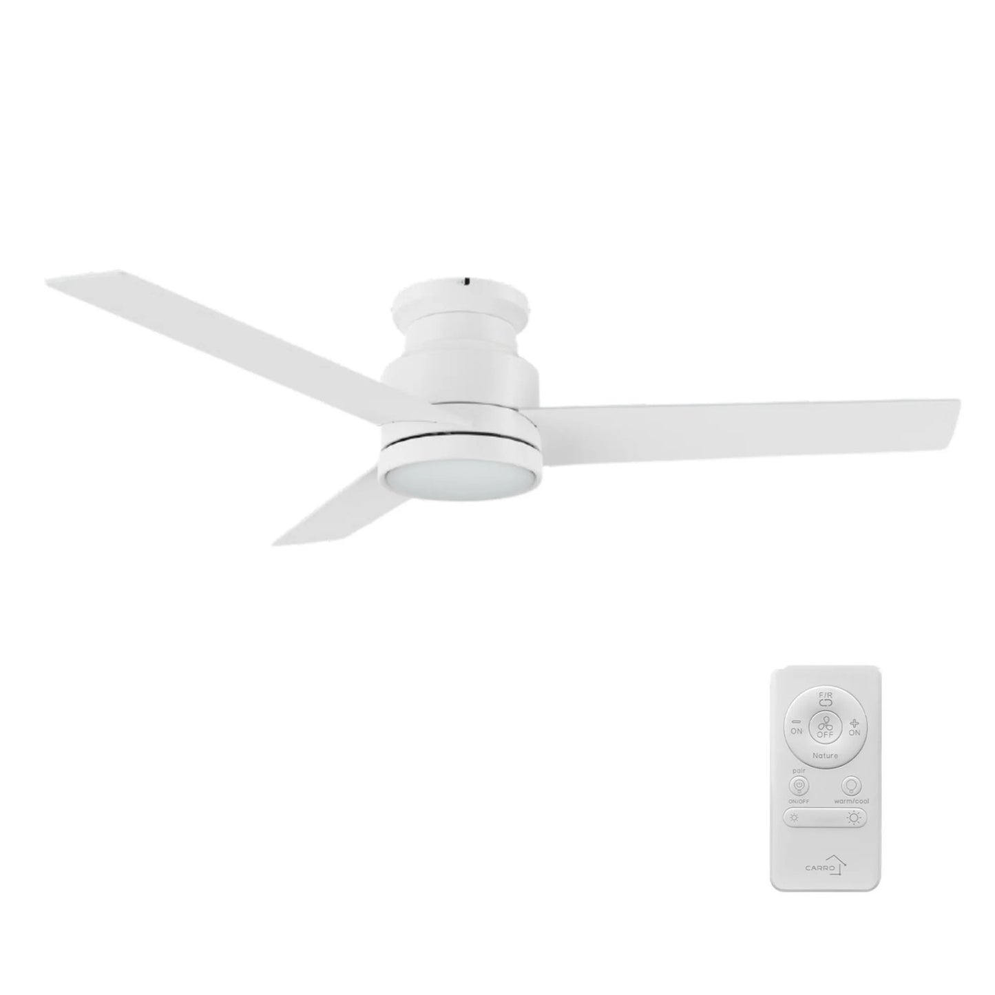 Carro Santana 52in 3-Blade Flush Ceiling Fan | White Plywood Blades | Living Room & Bedroom | 52 x 52 x 11 in, DC Motor, LED | Model CFR523E5-L12-W1-1-FM