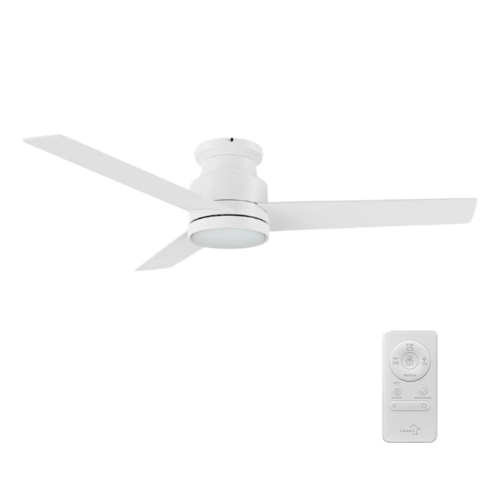 Carro Santana 52in 3-Blade Flush Ceiling Fan | White Plywood Blades | Living Room & Bedroom | 52 x 52 x 11 in, DC Motor, LED | Model CFR523E5-L12-W1-1-FM