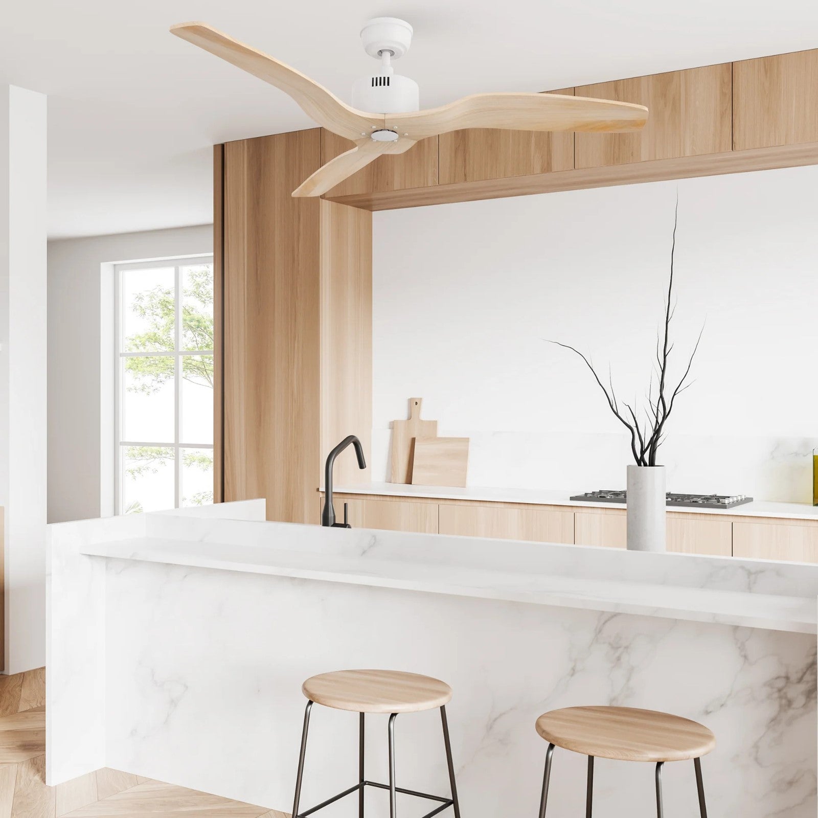 Carro Garnett 52in 3-Blade Ceiling Fan | Modern White and Solid Wood | Indoor Living Room & Bedroom | 11.8 x 52 x 52 in | Model CFR523K5-N10-WM5-1