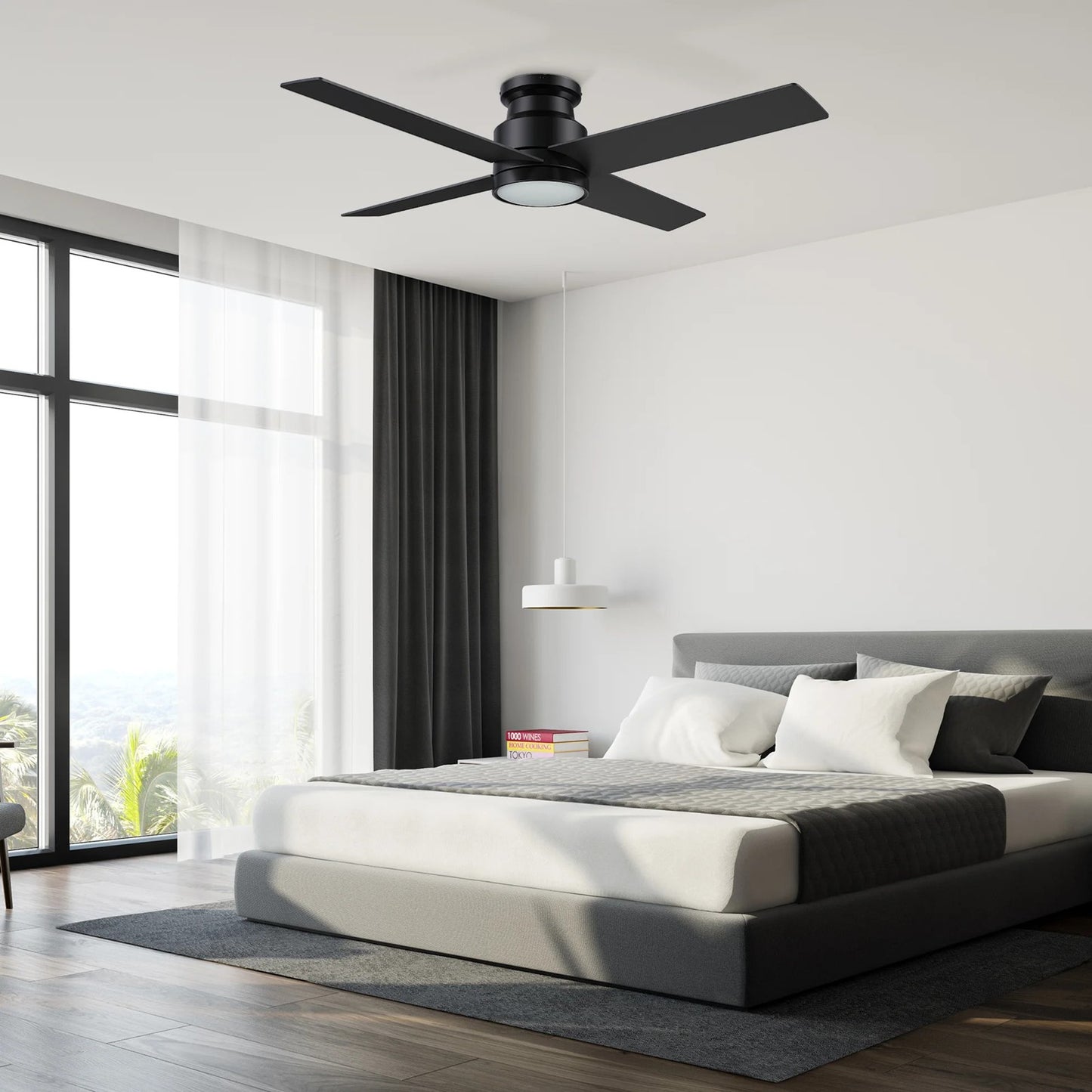 Carro Santana 52in Flush Mount Ceiling Fan with Light | Black Plywood Blades and Integrated 4000K LED | Living Room & Bedroom | Model CFR524E5-L12-B2-1-FM