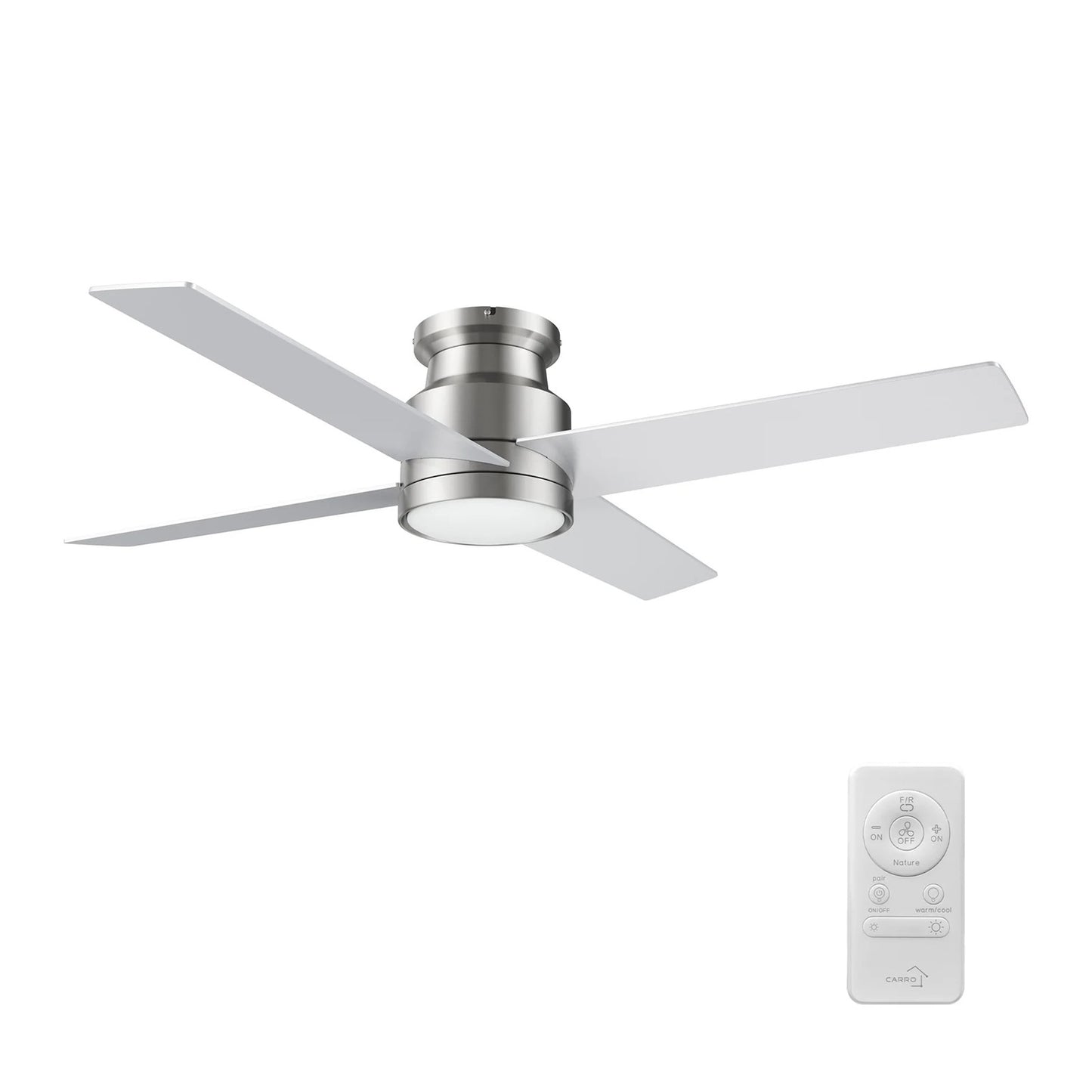 Carro Santana 52in Flush Mount Ceiling Fan | Brushed Nickel Plywood Blades | Low Ceilings & Bedrooms | 52 x 52 x 11 in | Model CFR524E5-L12-SJ-1-FM