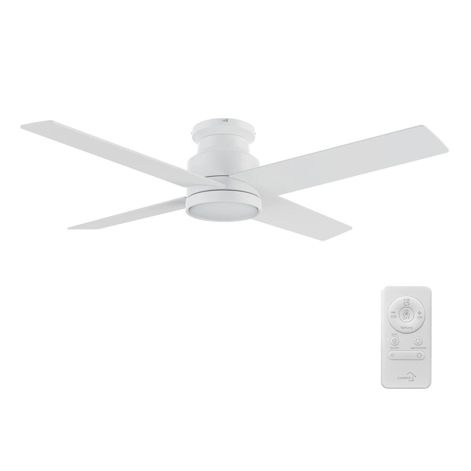 Carro Santana 52in Flush Mount Ceiling Fan | White Plywood Blades | Low Ceilings & Bedrooms | 52 x 52 x 11 in | Model CFR524E5-L12-W1-1-FM