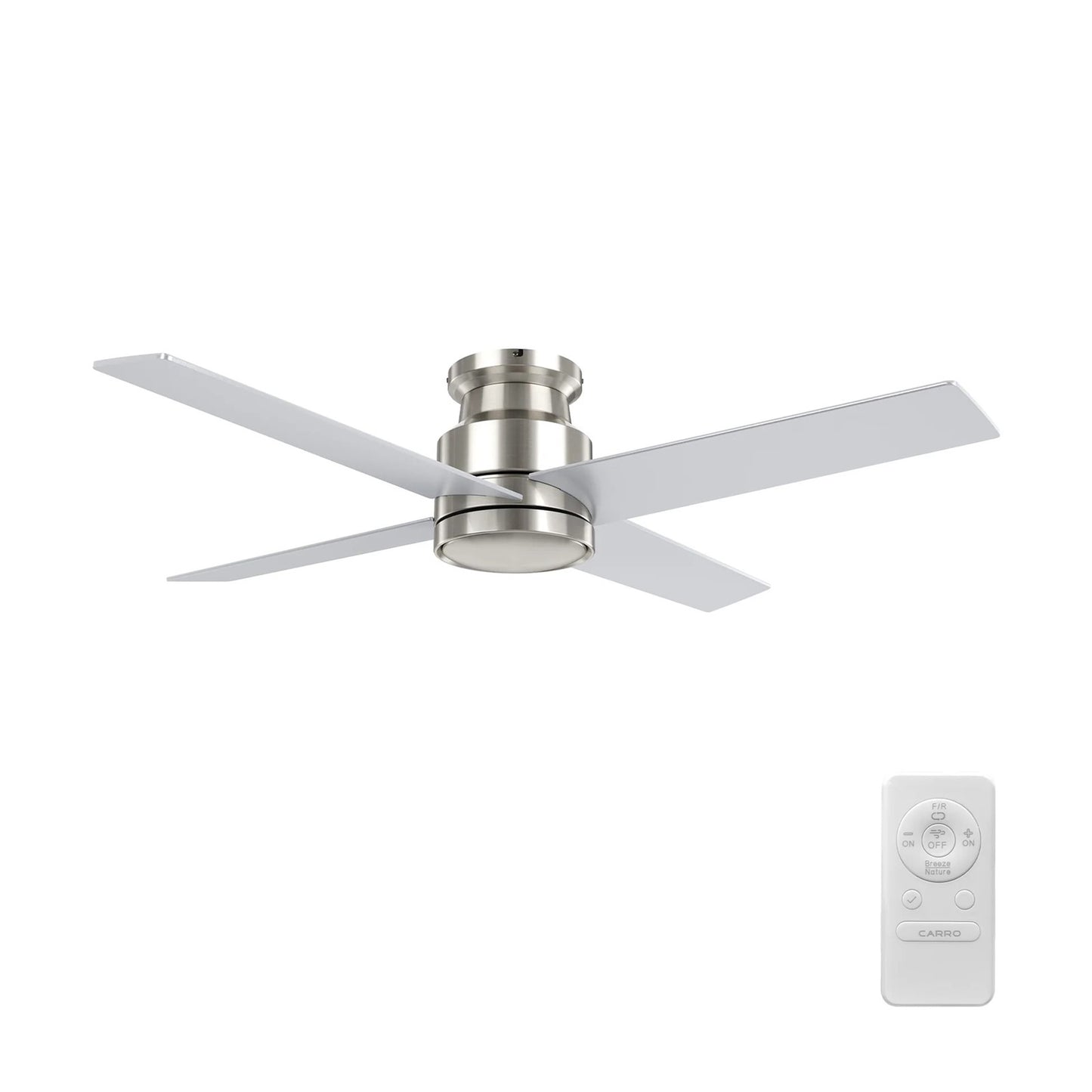 Carro Santana 52in 4-Blade Flush Mount Ceiling Fan | Modern Brushed Nickel Plywood Blades | Living Room & Bedroom | 52 x 52 x | Model CFR524E5-N10-SJ-1-FM